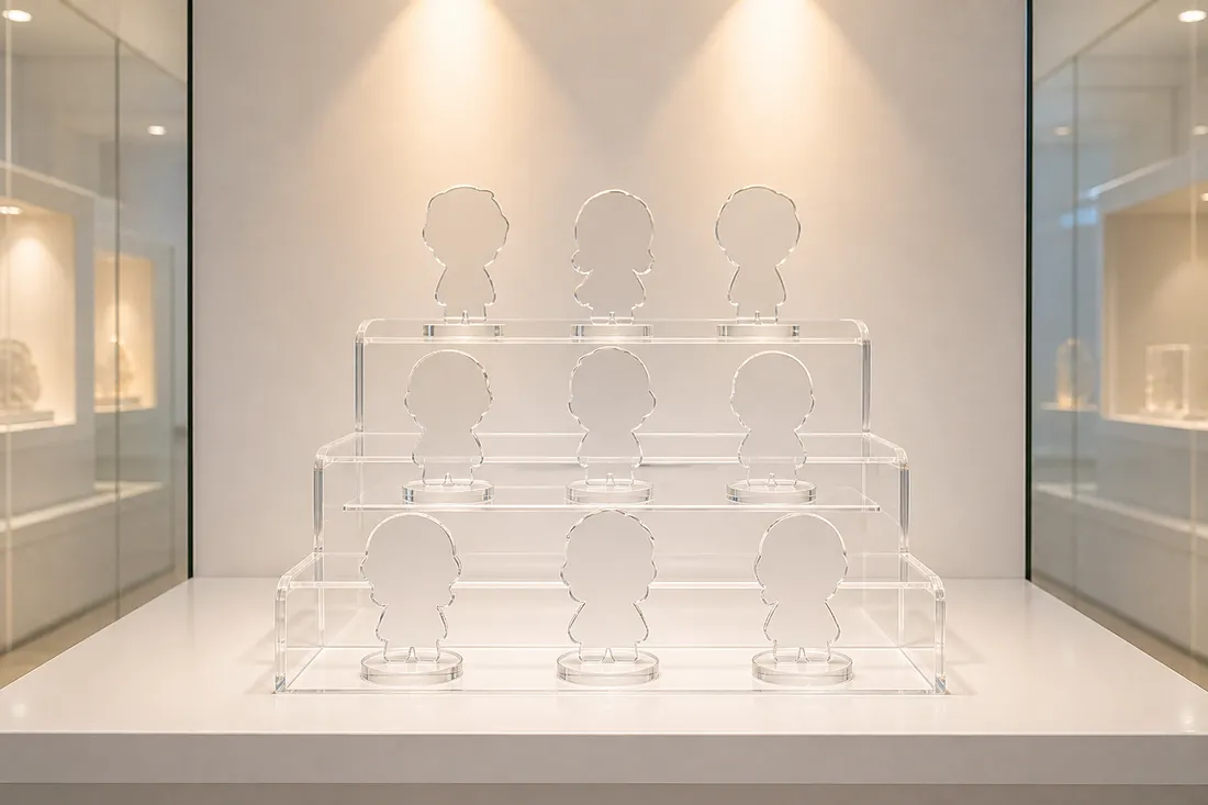 3段のアクリル製ひな壇展示台に、複数のフィギュアが奥から手前にかけて段差をつけて並べられている写真
